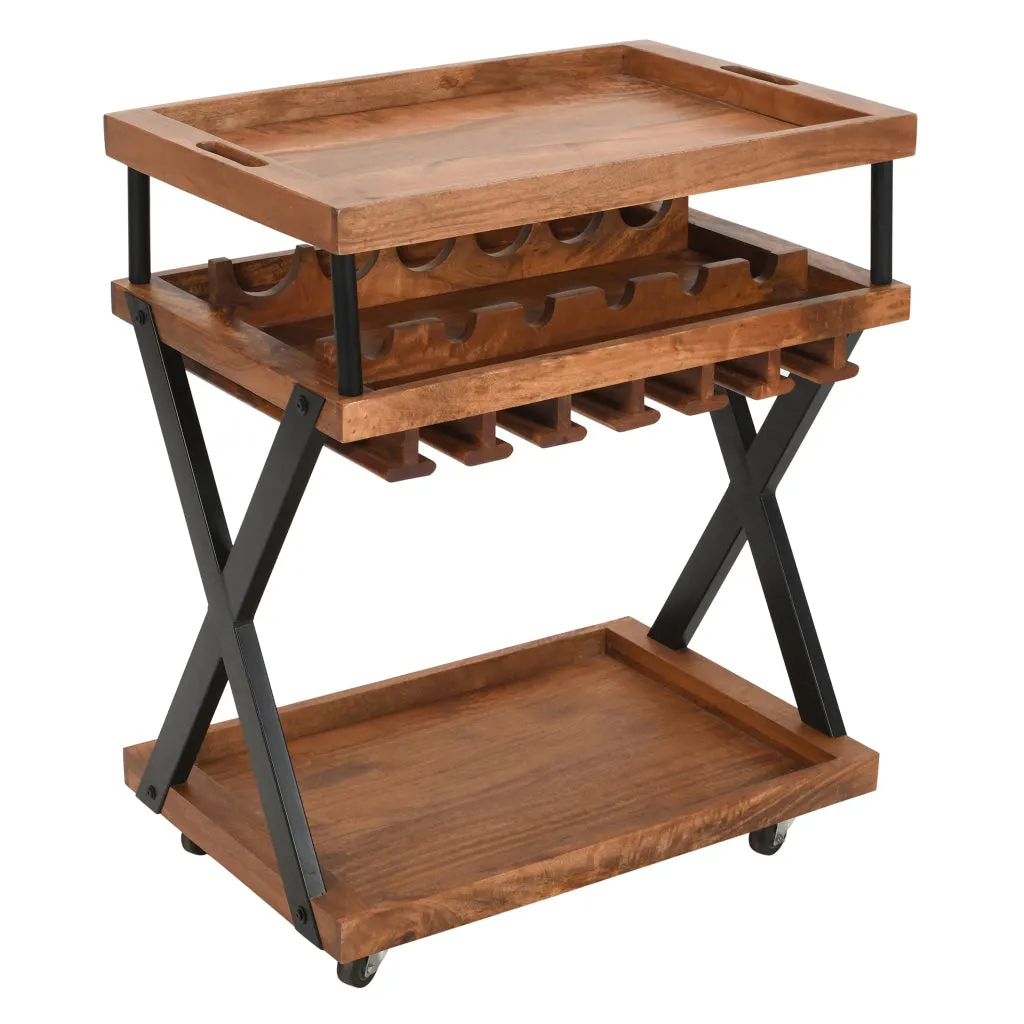 30 Inch Rolling Wine Bar Cart, 2 Tray Tops, Stemware Rack, Bottle Holder, Natural Brown Mango Wood  The Urban Port