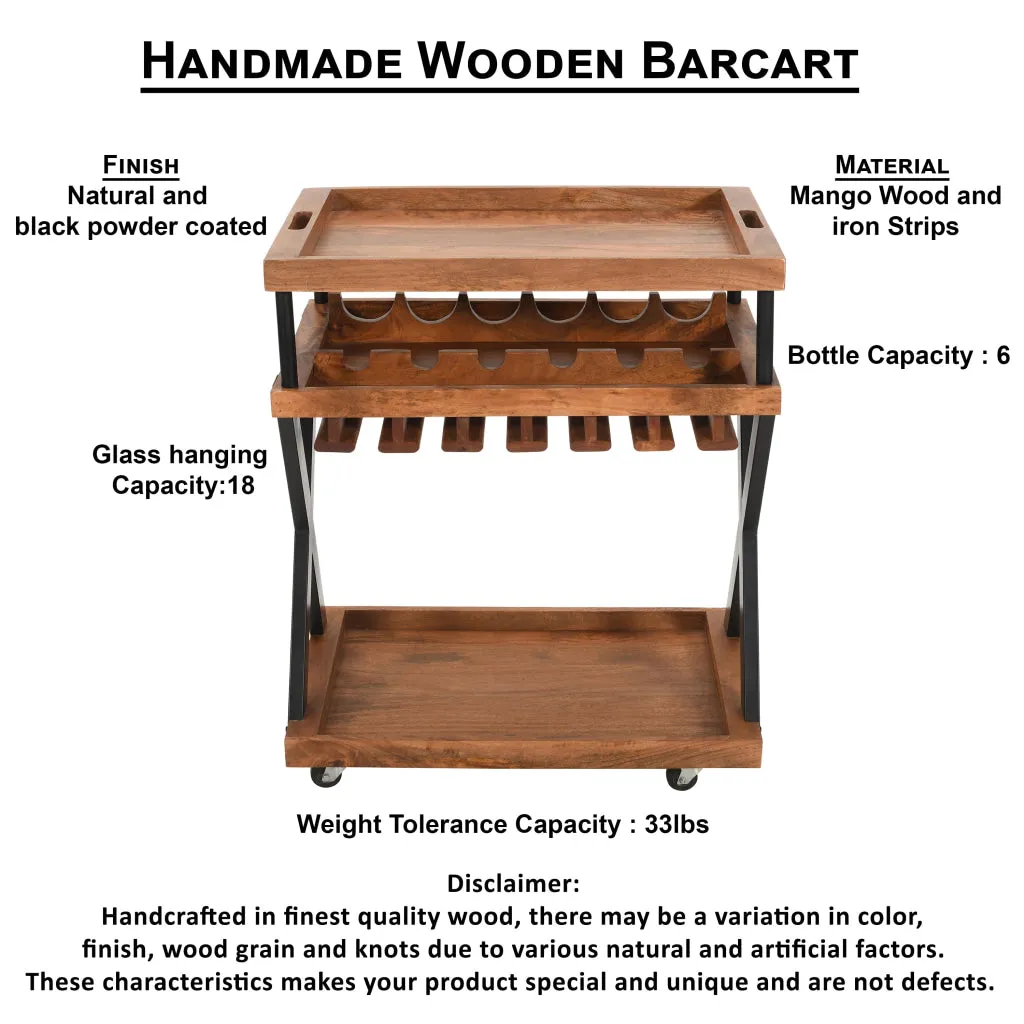 30 Inch Rolling Wine Bar Cart, 2 Tray Tops, Stemware Rack, Bottle Holder, Natural Brown Mango Wood  The Urban Port