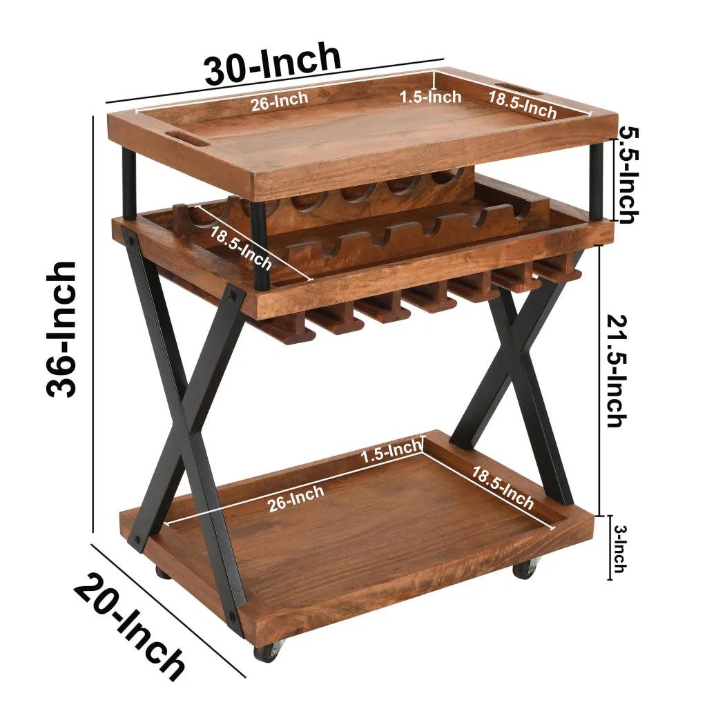 30 Inch Rolling Wine Bar Cart, 2 Tray Tops, Stemware Rack, Bottle Holder, Natural Brown Mango Wood  The Urban Port