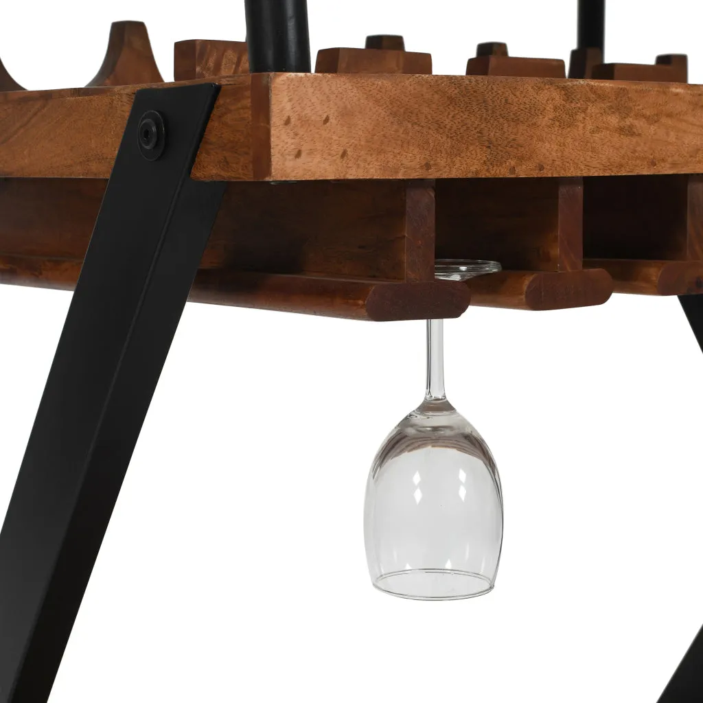 30 Inch Rolling Wine Bar Cart, 2 Tray Tops, Stemware Rack, Bottle Holder, Natural Brown Mango Wood  The Urban Port