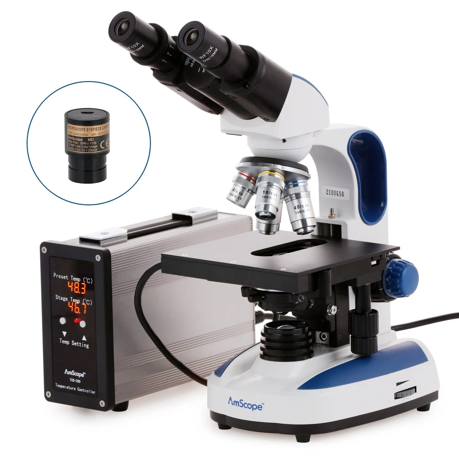 AmScope B270 Series Advanced Student and Professional Binocular Compound Microscope 40X-2500X Magnification with Temperature Control Stage Warmer and Slide Preparation Kit   Optional Eyepiece Camera