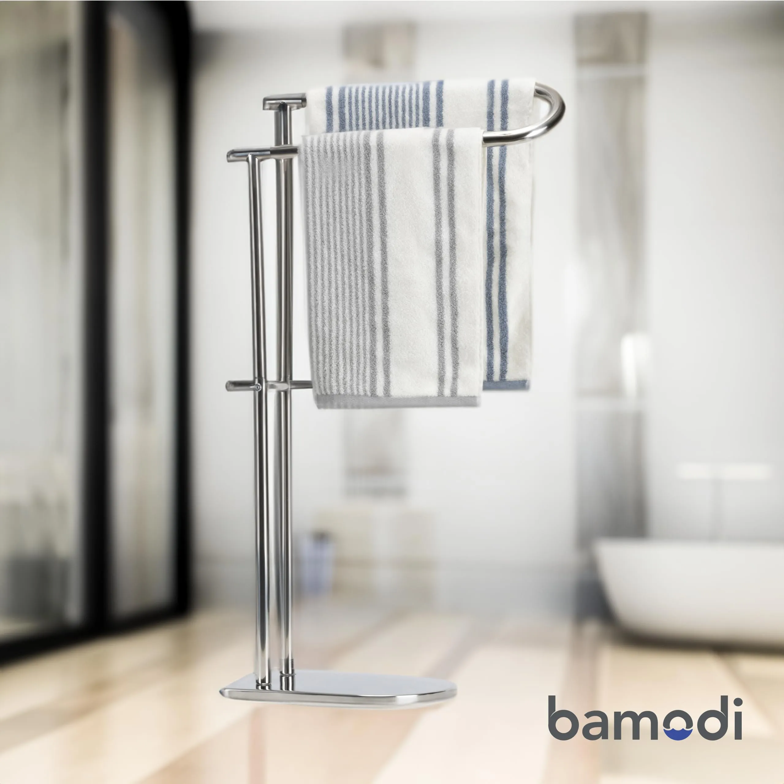 Bamodi Freestanding Towel Rack Black Steel Finish Easy Assembly Offset Rails