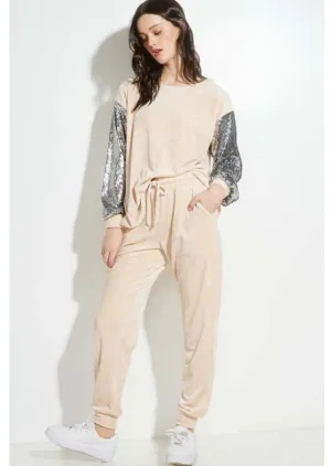 Champagne Glam Velvet Track Suit with Sequins Sleeves Made in USA