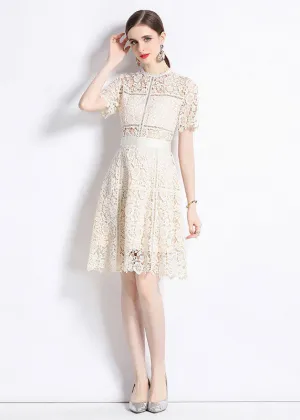 Chic Apricot Embroideried Hollow Out Patchwork Lace Mid Dress Summer LY7438