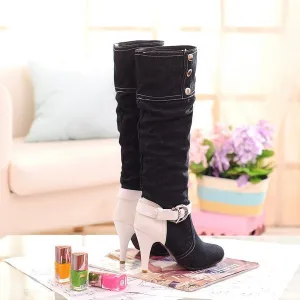 Denim Stiletto Heel Patchwork Round Toe Knee-length Boots