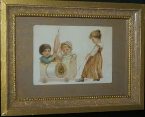 EPHEMERA AMERICANA WHIMSICAL ART: 1887 MATTED & FRAMED IN VINTAGE HAND PAINTED FRAME ANTIQUE VICTORIAN ADVERTISING TRADE CARD: J.& P Coats CHILDREN PLAYING (DFPO2N) DESIGNER COLLECTOR COLLECTIBLE DELIGHTFUL WALL DÉCOR