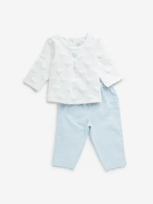 HOP Baby Blue & White Heart Embossed Top & Ribbed Pants Set