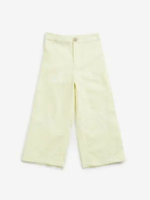 HOP Kids Yellow Mid Rise Embroidered Blended Linen Pants