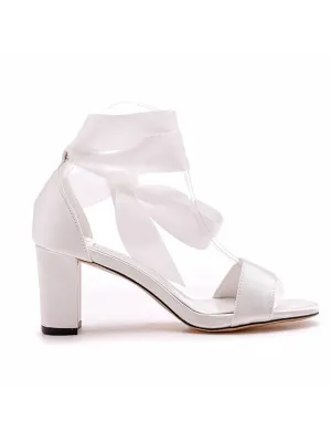 Ivory Satin Tied Open Toe Ankle Strap Chunky Heel Sandals