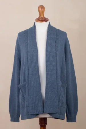 Knit Alpaca Blend Cardigan in Azure from Peru - Azure Warmth | NOVICA