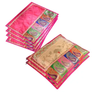 Kuber Industries Saree Cover | Clothes Storage Bag | Single Packing Saree with Zip Closure | Wardrobe Organizer | Cloth Stoarge Organizer | Carry Half Lace Transparent | Pack of 6 | Pink