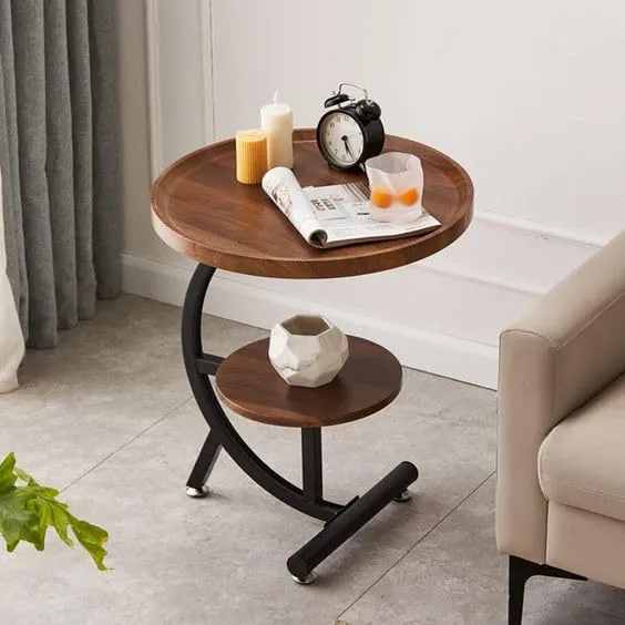 LOOKMINT C Shaped End Table, 2-Tier Round Corner Side Table, Wooden Sofa Coffee Table for Living Room Balcony, for Small Space, Living Room, Bedroom, Modern Furniture, 2-Tier Storage Shelf