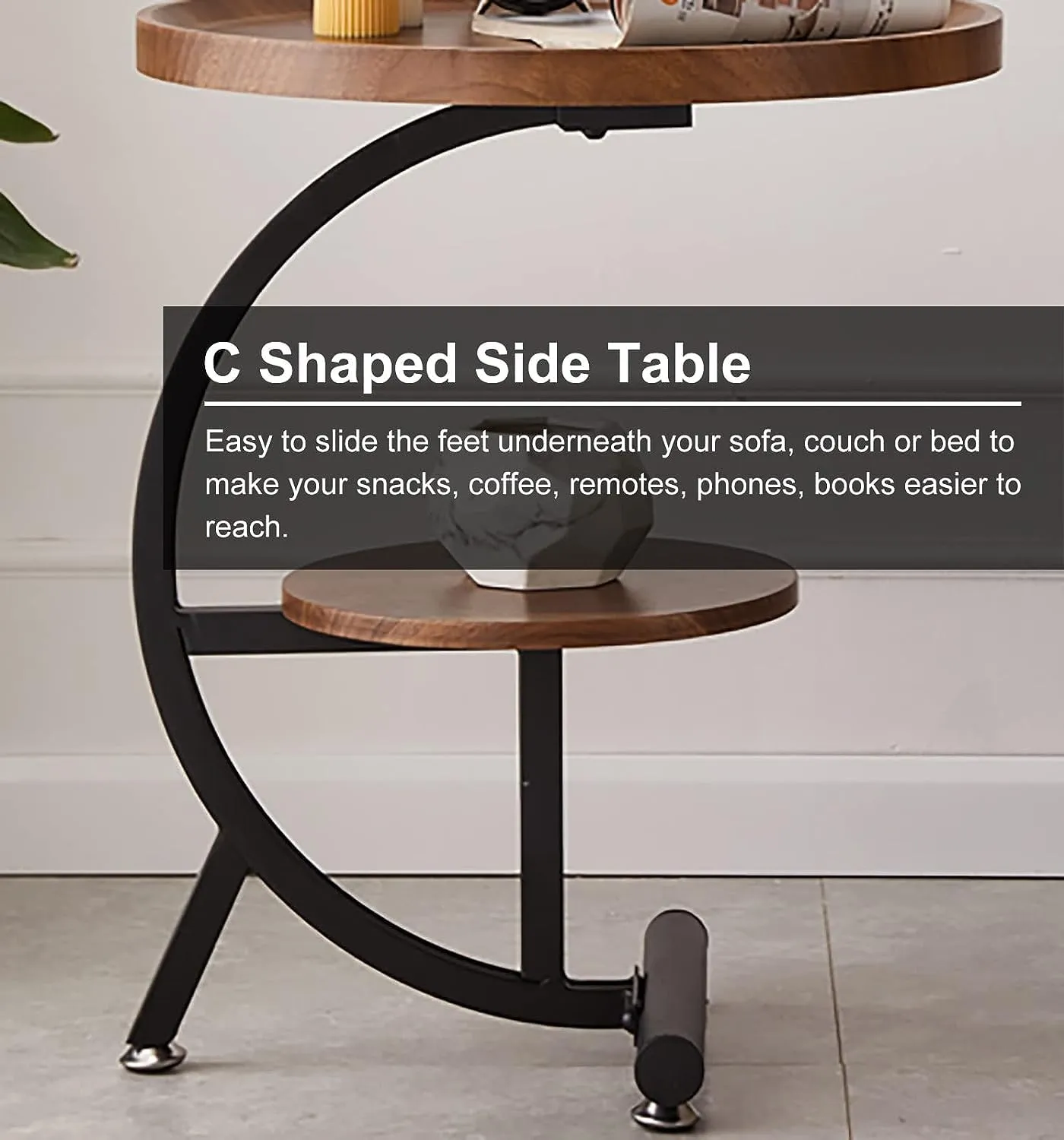 LOOKMINT C Shaped End Table, 2-Tier Round Corner Side Table, Wooden Sofa Coffee Table for Living Room Balcony, for Small Space, Living Room, Bedroom, Modern Furniture, 2-Tier Storage Shelf
