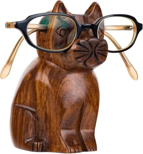 Mody Woody Interiors Durable Heavy-Duty Eye Glass Holder with Natural/Wood Color (3.0" X 2.0 X 5), Cat Shaped