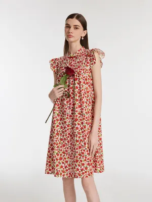 Rose Printed Ruffle Sleeves Mandarin Collared Women Mini Dress