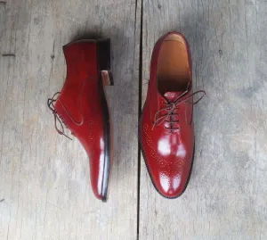 Stylish Men's Handmade Burgundy Color Brogue Leather Lace Up Dress Shoes