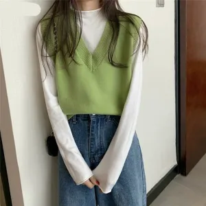 Sweater Vest Women Solid Autumn Winter All-match Leisure Outerwear Knitted V-Neck Sleeveless Female Elegant Chic Simple Harajuku
