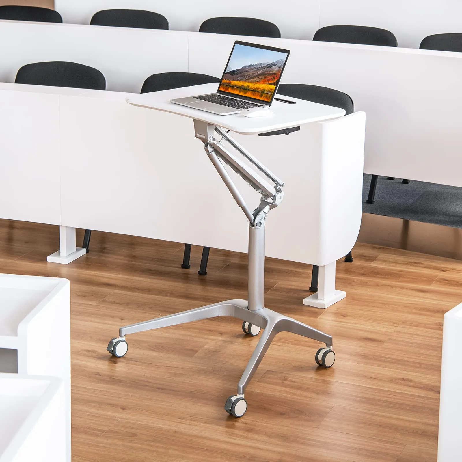 Tangkula Mobile Standing Desk, Pneumatic Sit Stand Laptop Desk with Tablet Holder & 4 Rolling Casters