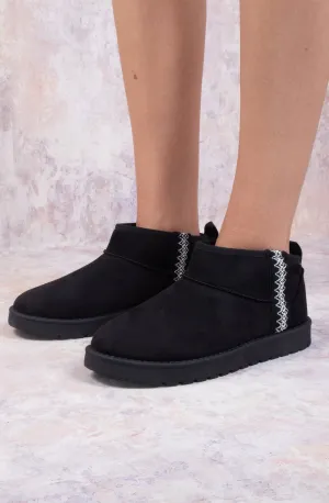 Ultra Mini Ankle Length Embroidery Faux Fur Lining Boots In Black Suede