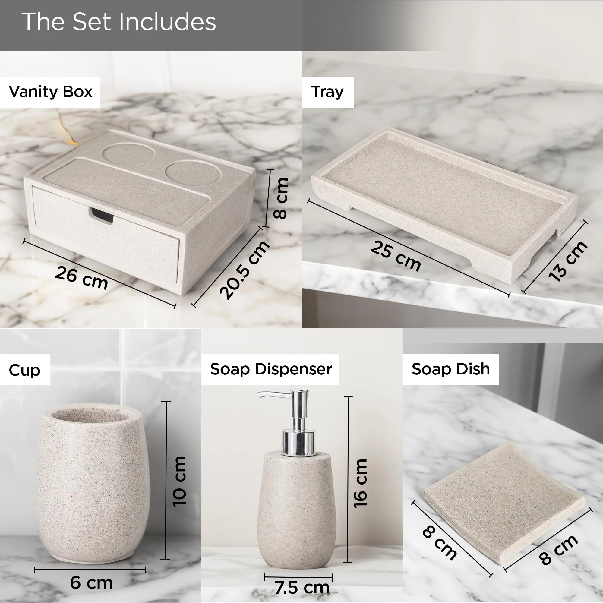 UMAI 6 Pcs Polyresin Bathroom Accessories Set - Soap Holder for Bathroom, Soap Dispenser for Bathroom, 2 Cups, Tray, Amenity Box | Bathroom Organiser | Soap Case | Handwash Dispenser | Khaki