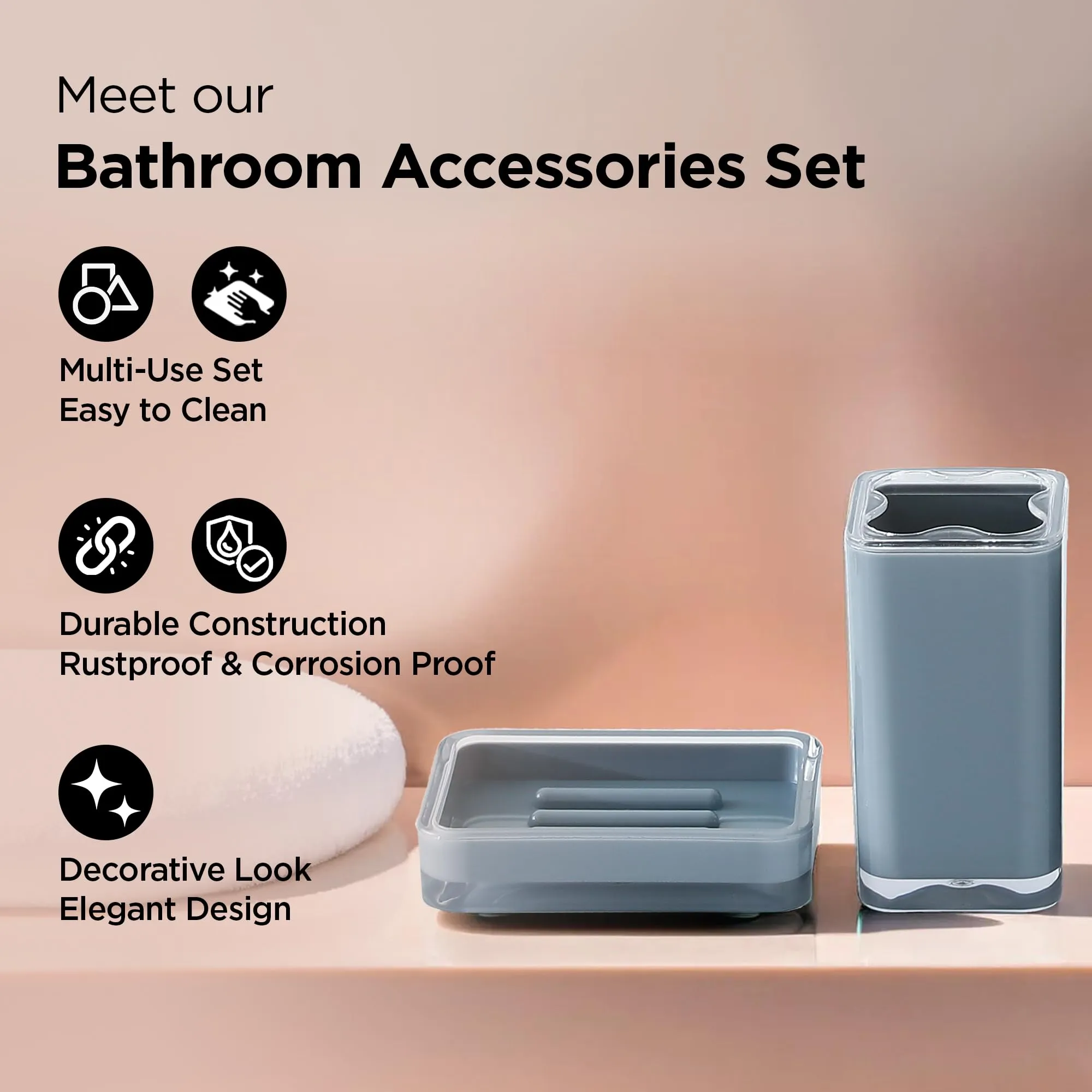 UMAI Bathroom Accessory Sets | 4 PC Set | ABS Material | Durable & Lightweight | Handwash Dispenser Set with Toothbrush Holder, Dish Tray | Dustbin - Grey