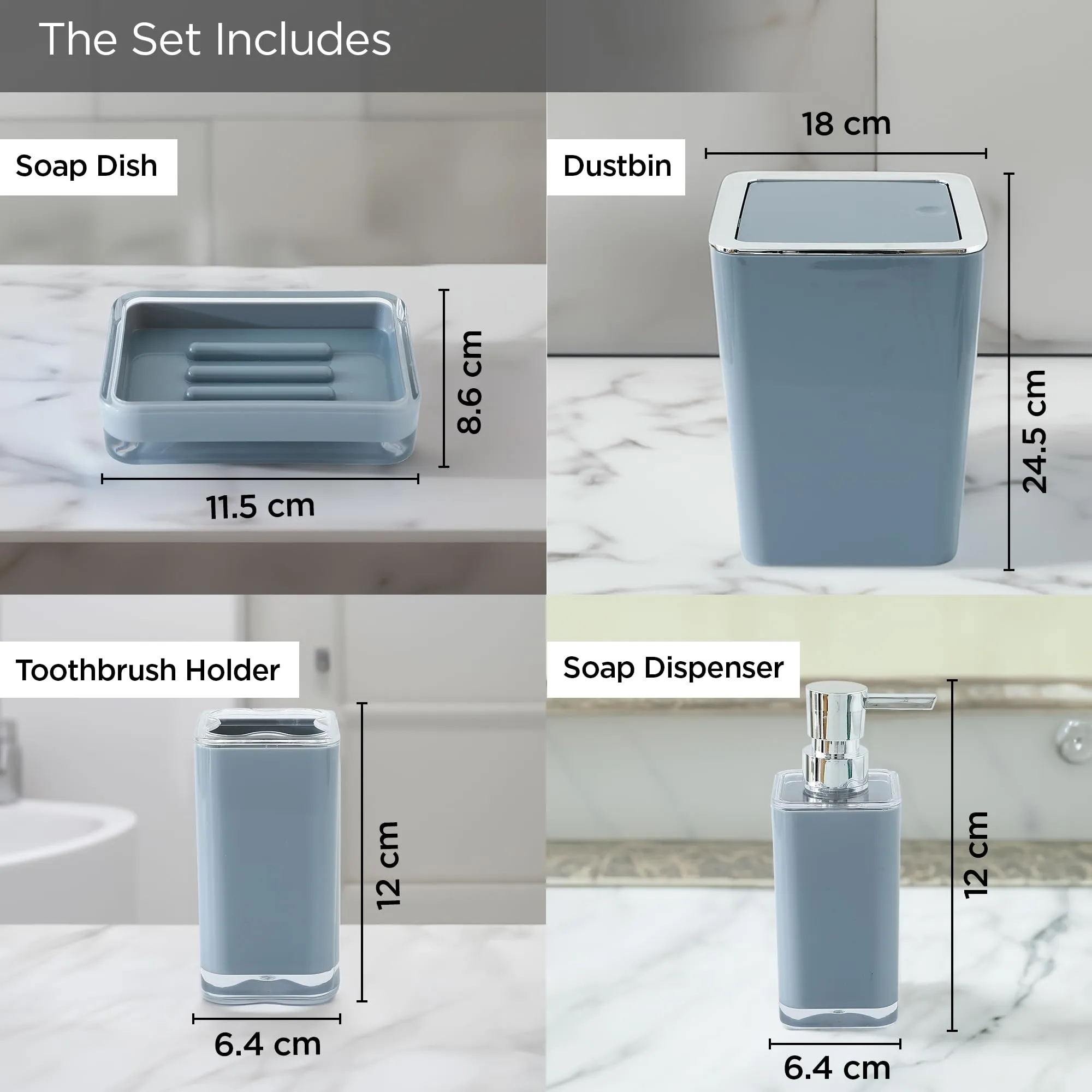 UMAI Bathroom Accessory Sets | 4 PC Set | ABS Material | Durable & Lightweight | Handwash Dispenser Set with Toothbrush Holder, Dish Tray | Dustbin - Grey