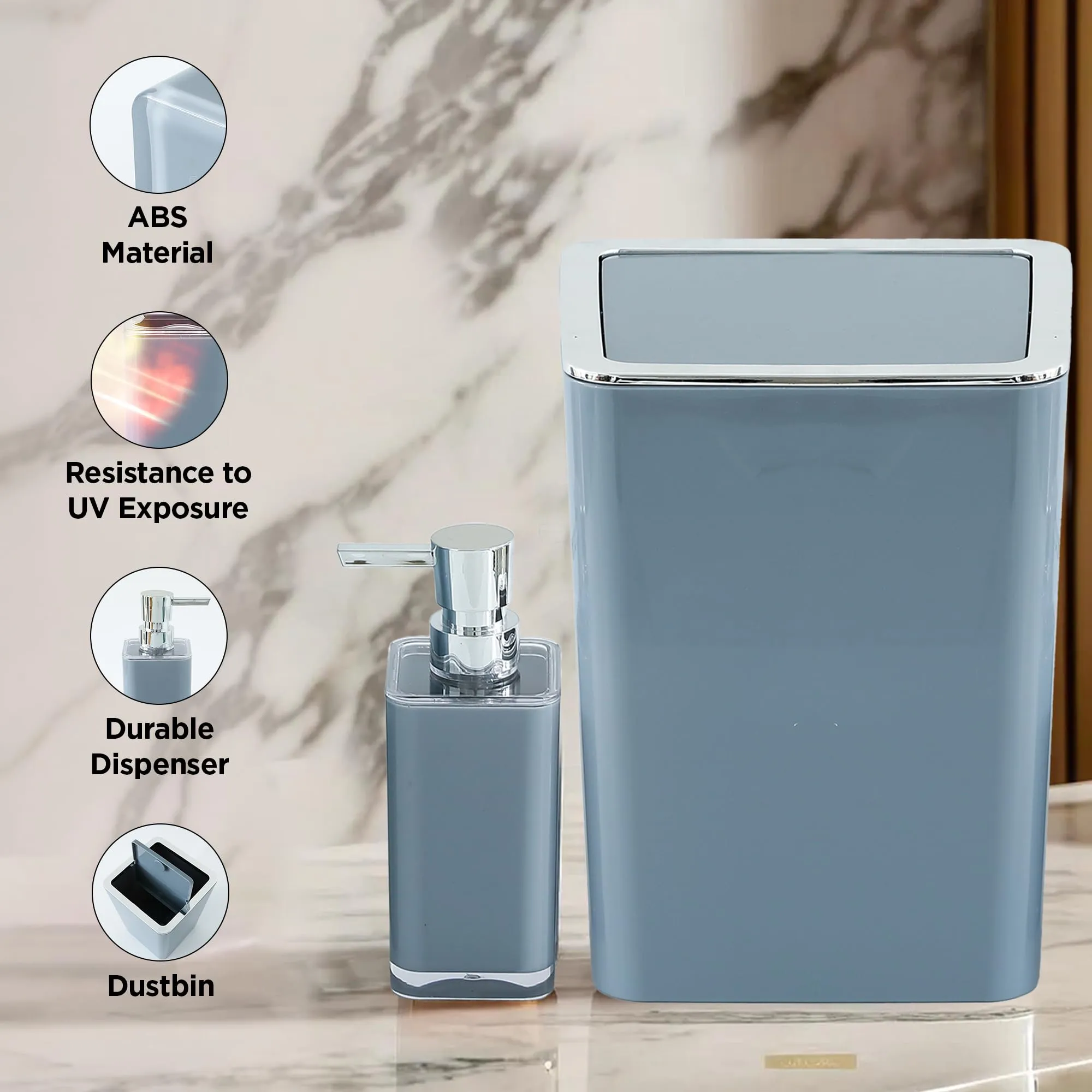 UMAI Bathroom Accessory Sets | 4 PC Set | ABS Material | Durable & Lightweight | Handwash Dispenser Set with Toothbrush Holder, Dish Tray | Dustbin - Grey