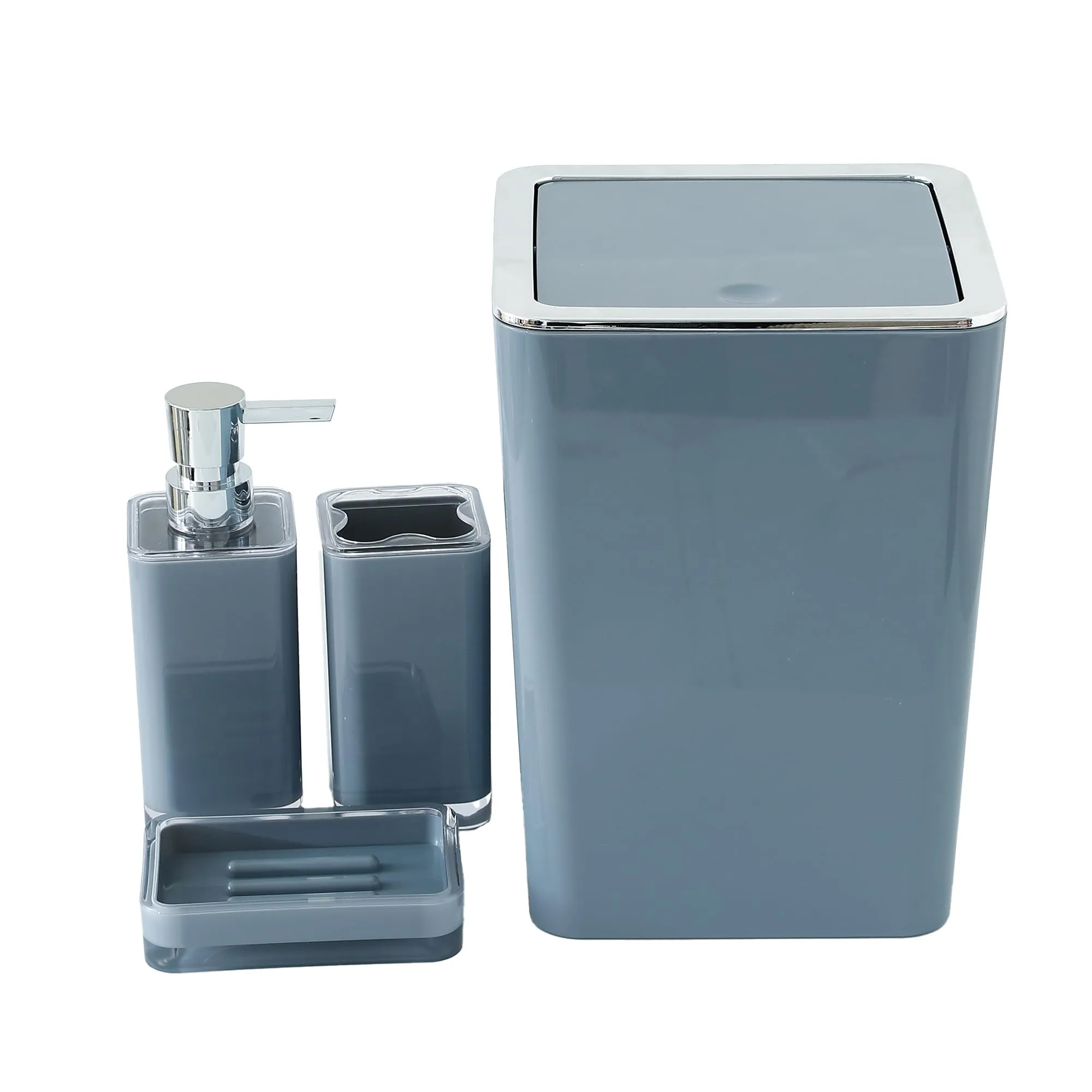 UMAI Bathroom Accessory Sets | 4 PC Set | ABS Material | Durable & Lightweight | Handwash Dispenser Set with Toothbrush Holder, Dish Tray | Dustbin - Grey