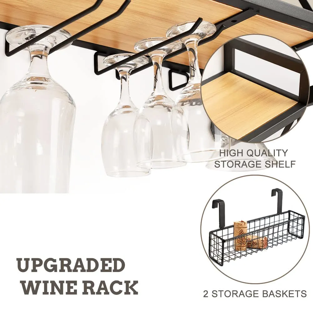 Vintage Oak Industrial Wall Mounted Wine Rack with 2-Tier Wood Shelves and Stem Glass Holders