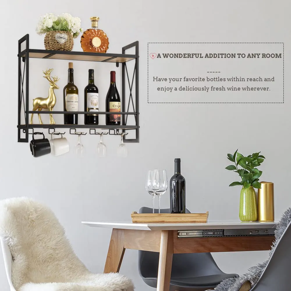 Vintage Oak Industrial Wall Mounted Wine Rack with 2-Tier Wood Shelves and Stem Glass Holders