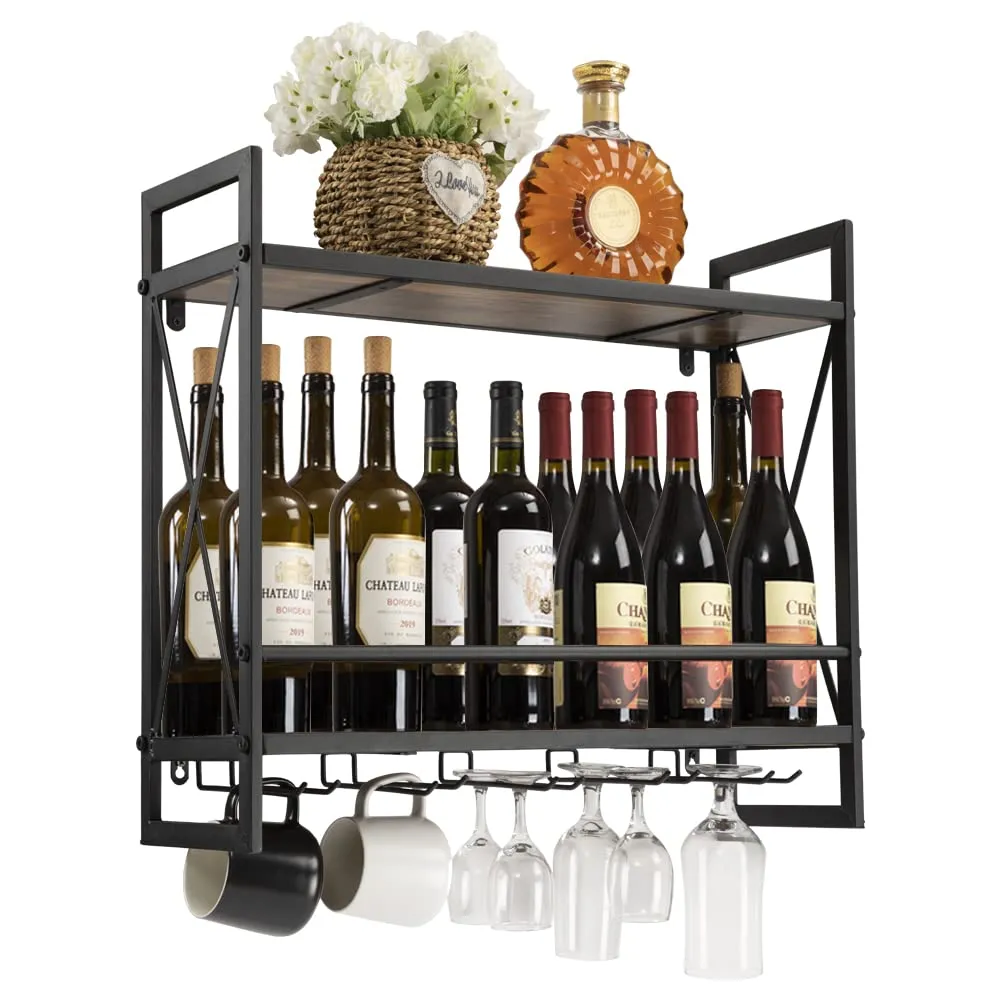 Vintage Oak Industrial Wall Mounted Wine Rack with 2-Tier Wood Shelves and Stem Glass Holders