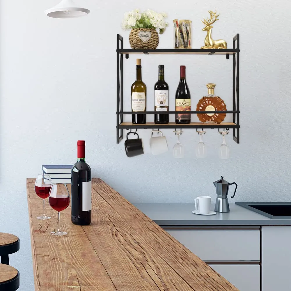 Vintage Oak Industrial Wall Mounted Wine Rack with 2-Tier Wood Shelves and Stem Glass Holders